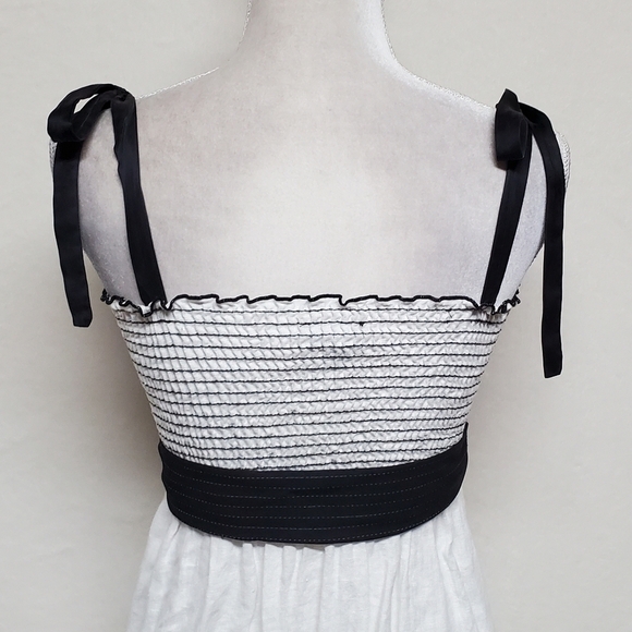 Vintage BEBE Black Silk White Linen Smocked Tie Shoulder Mini Babydoll Dress XS - Picture 12 of 15